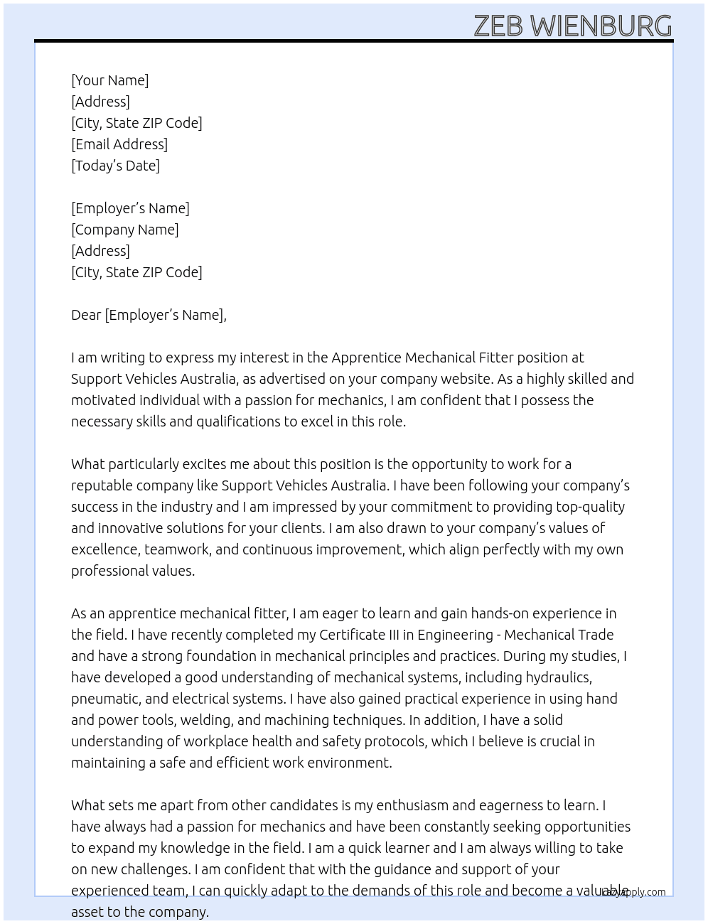 apprentice mechanical fitter At support vehicles australia Cover Letter