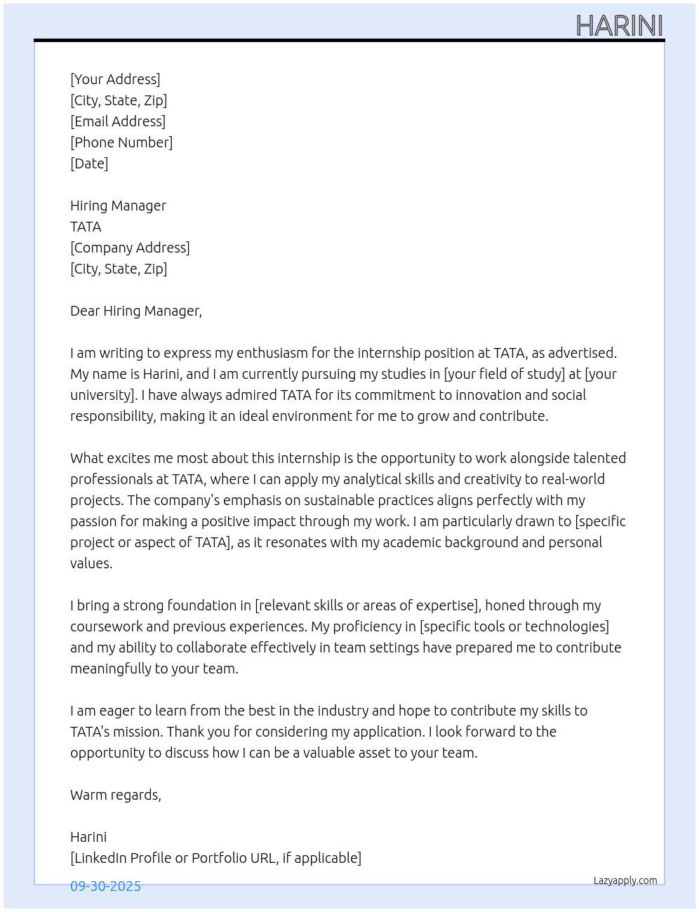 internship At TATA Cover Letter
