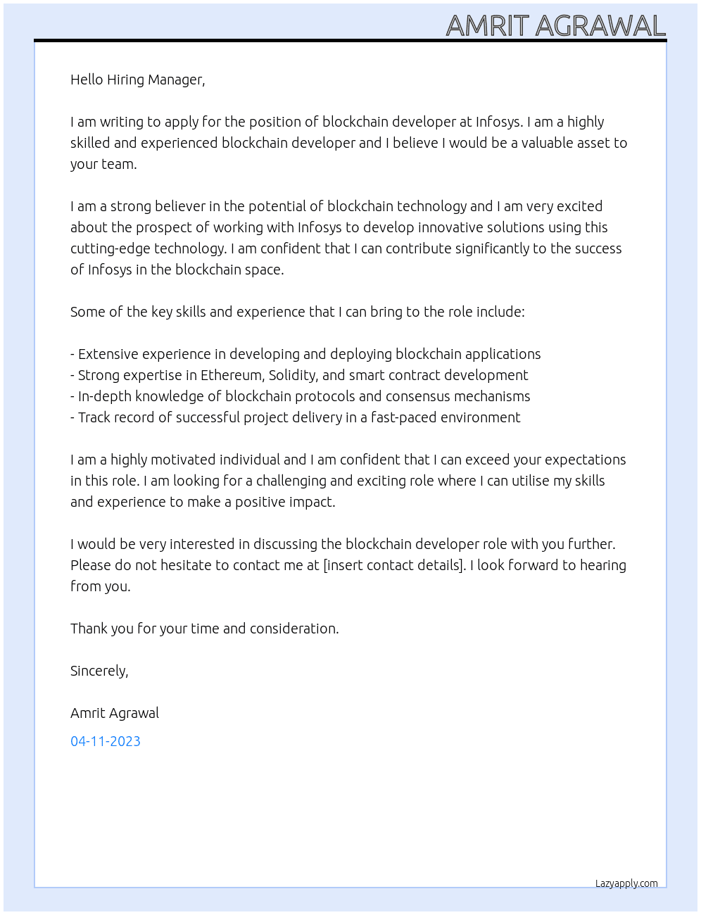 blockchain developer At Infosys Cover Letter