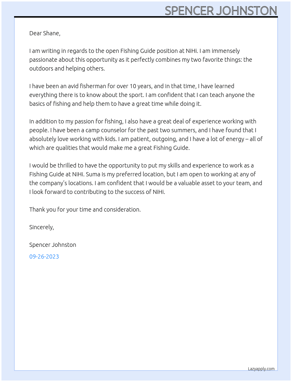Fishing Guide At NiHi Cover Letter