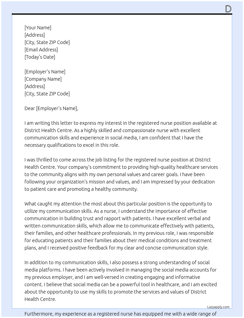 Nurse At District health centre Cover Letter