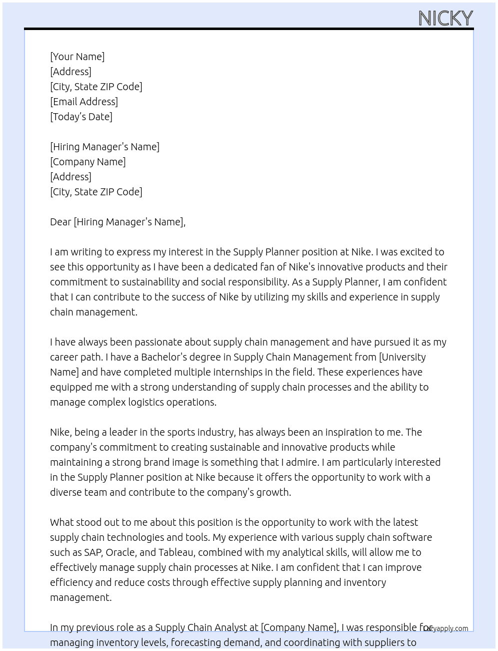 Supply planner At Nike Cover Letter