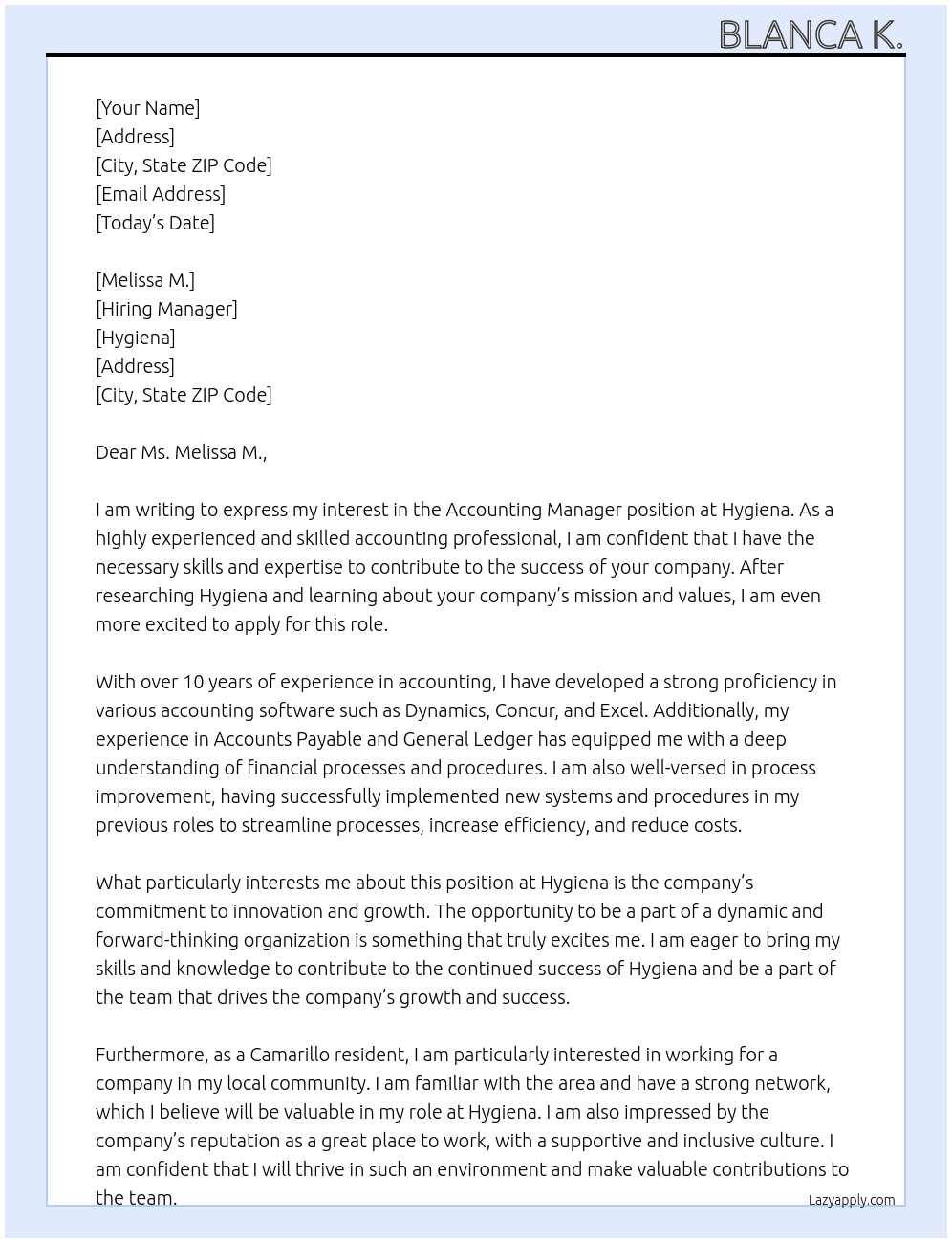Accounting Manager At Hygiena Cover Letter