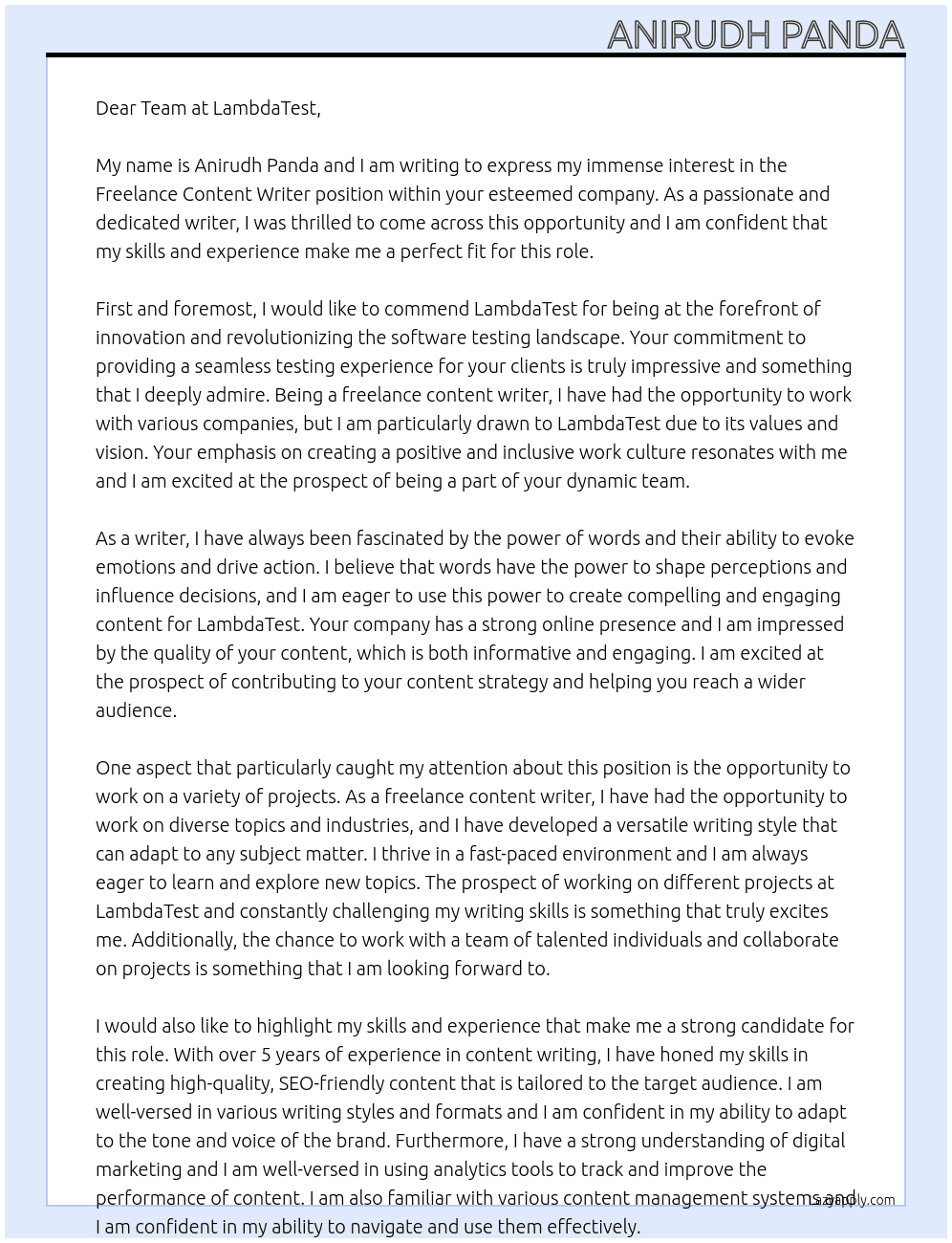 Freelance Content Writer At LambdaTest Cover Letter