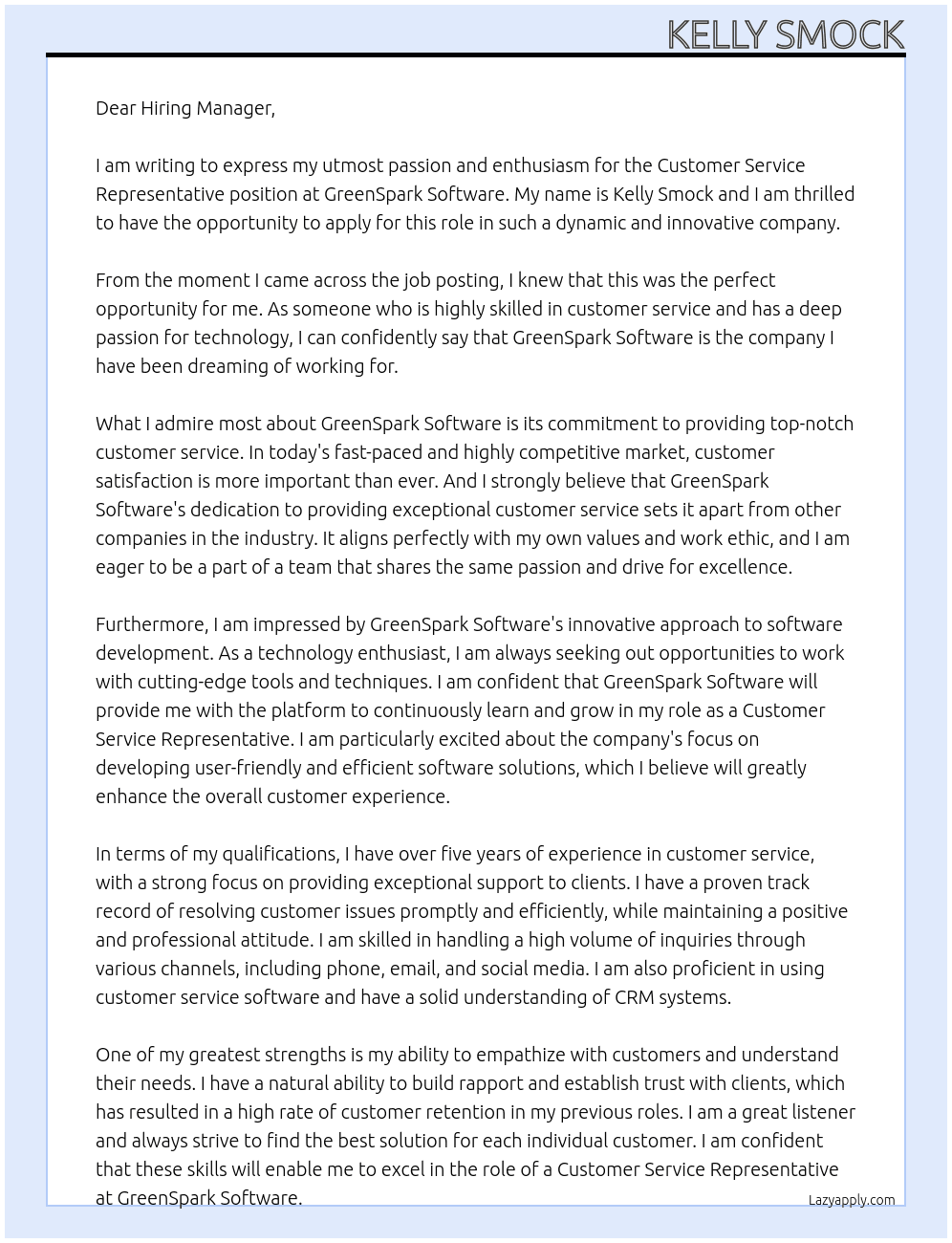 customer service representative At GreenSpark Software Cover Letter