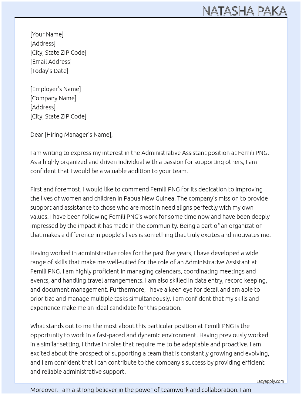 Administrative Assistant At Femili PNG Cover Letter