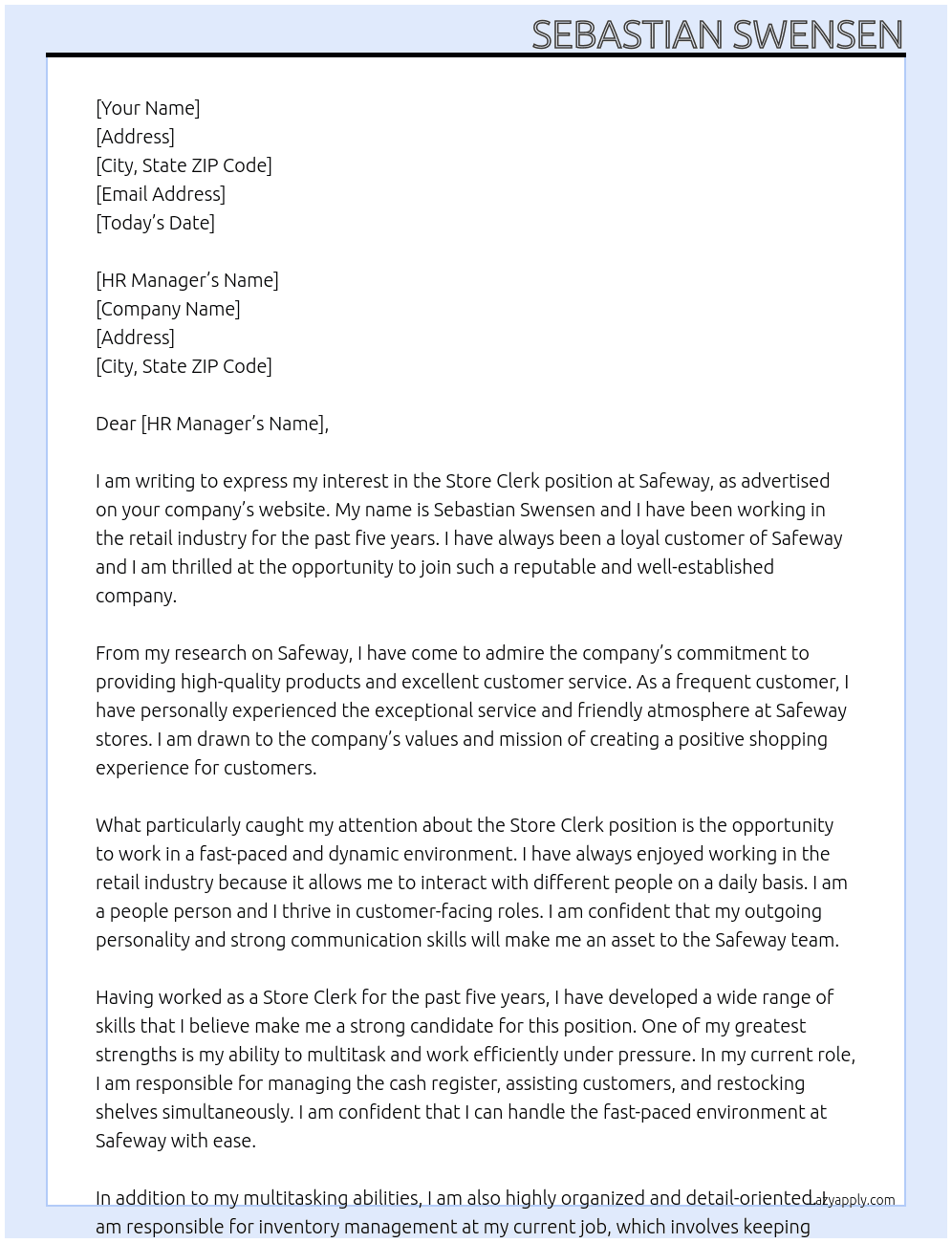 Store clerk At Safeway Cover Letter