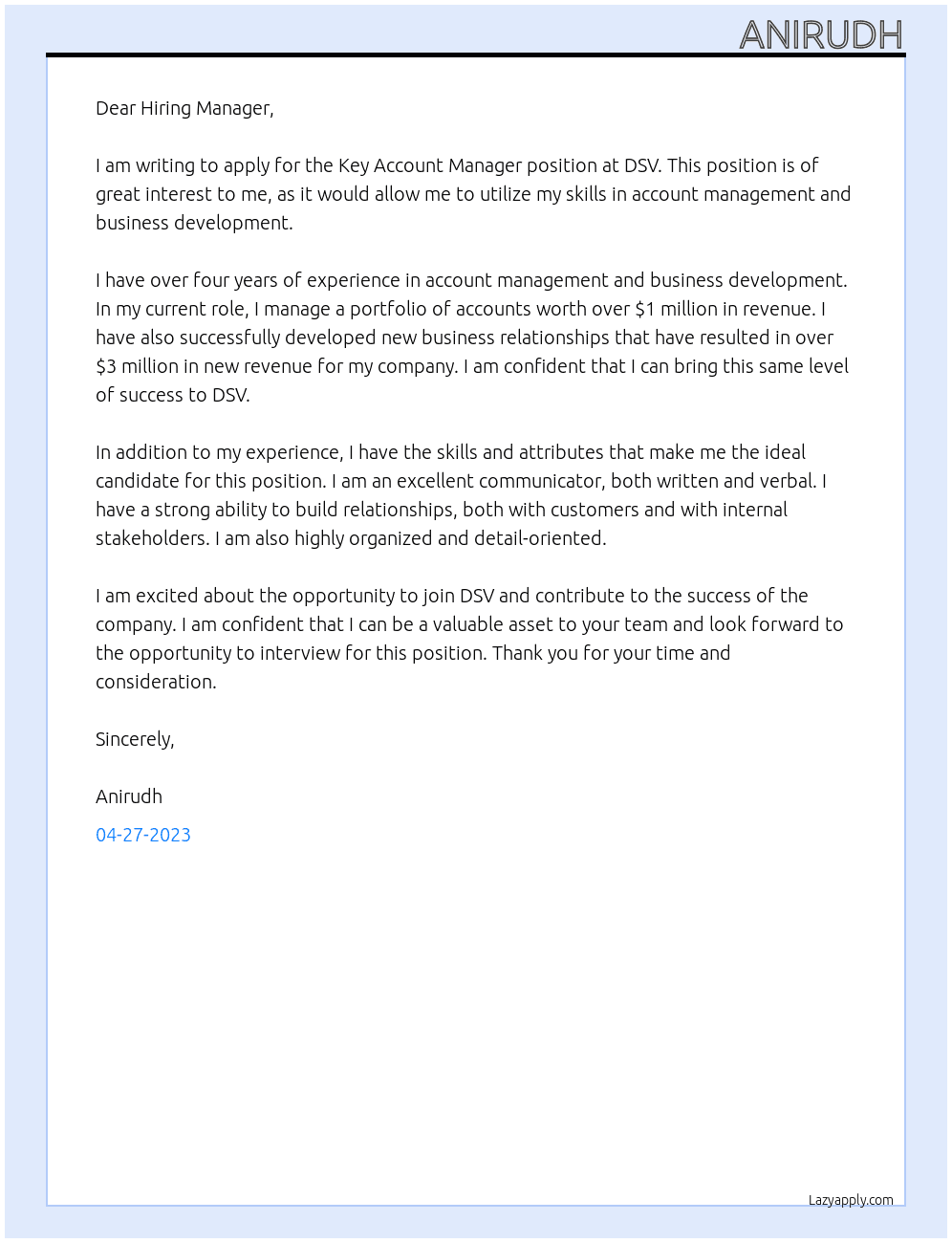 Key Account Manager At DSV Cover Letter