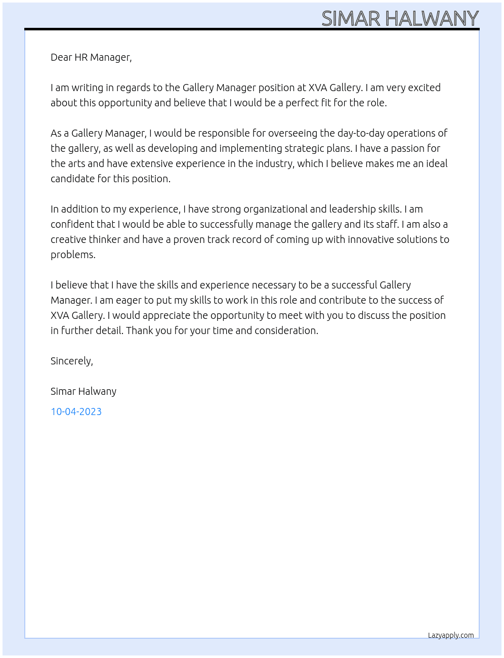 Gallery Manager At XVA Gallery Cover Letter