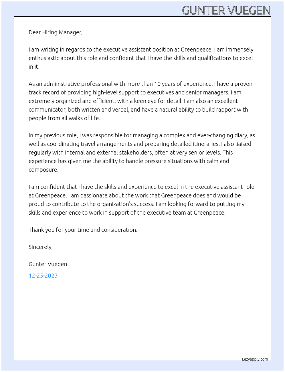 executive assistant At Greenpeace Cover Letter