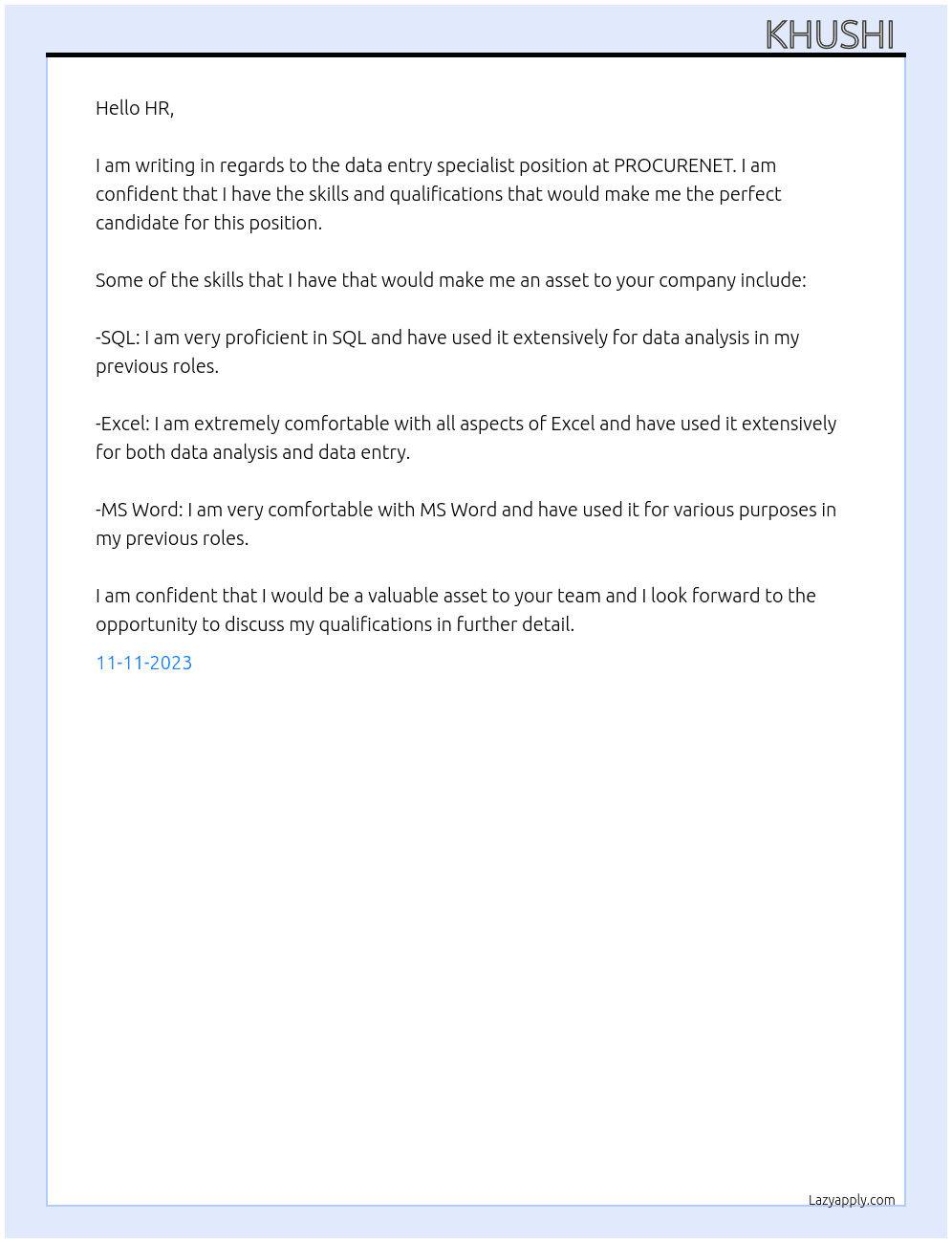 Data entry specialist  At PROCURENET Cover Letter