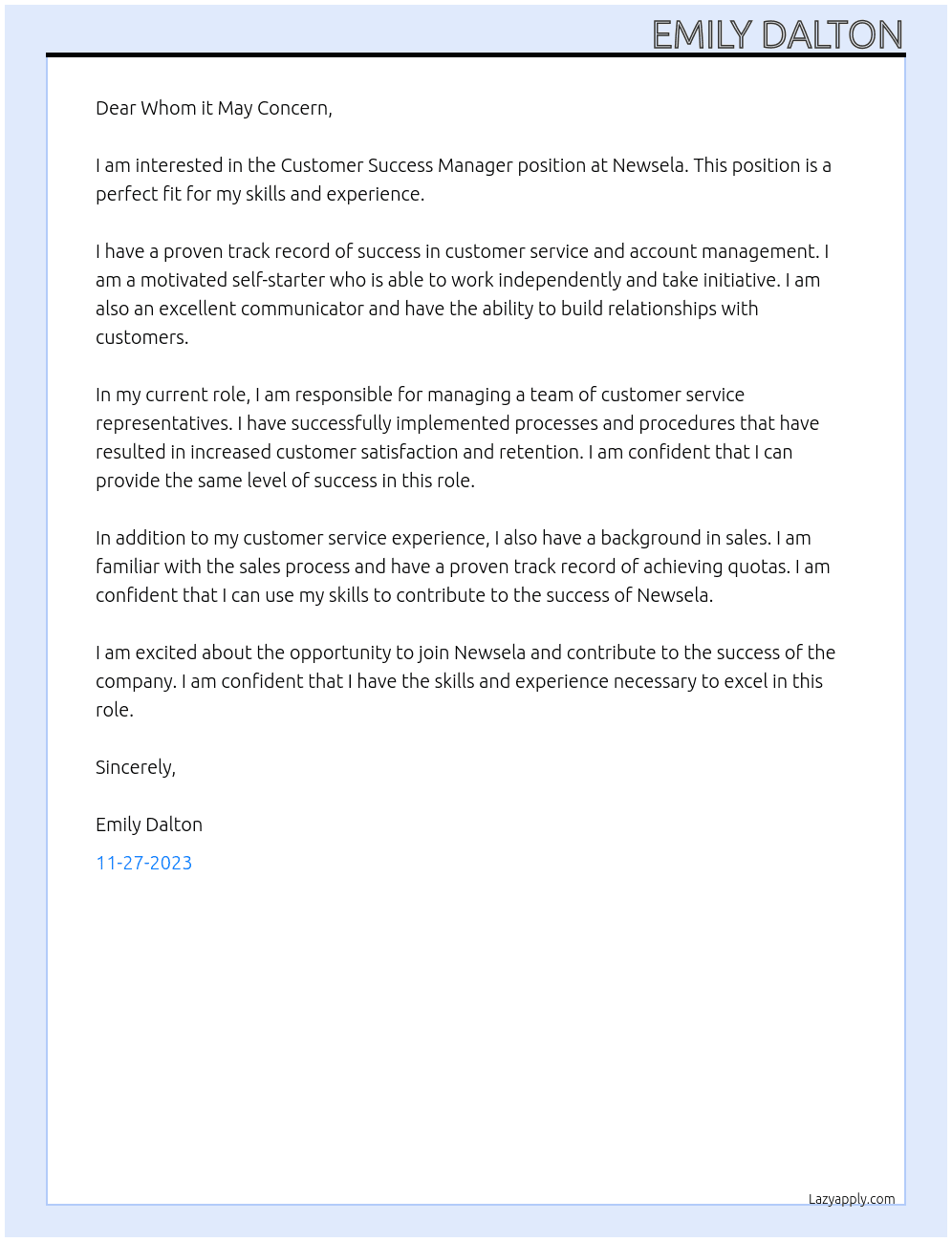 Customer Success Manager At newsela Cover Letter