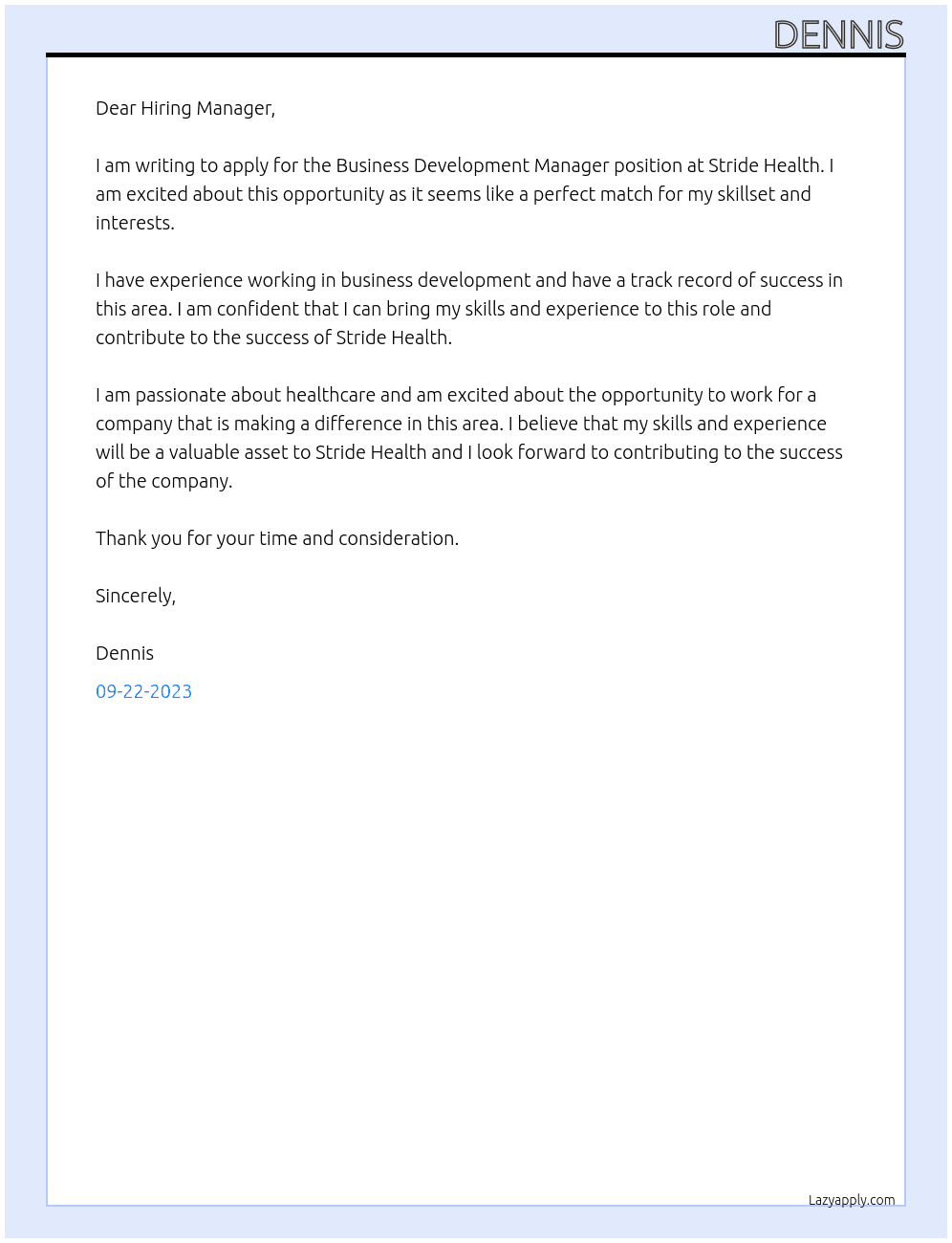 Business Development Manager At Stride Health Cover Letter