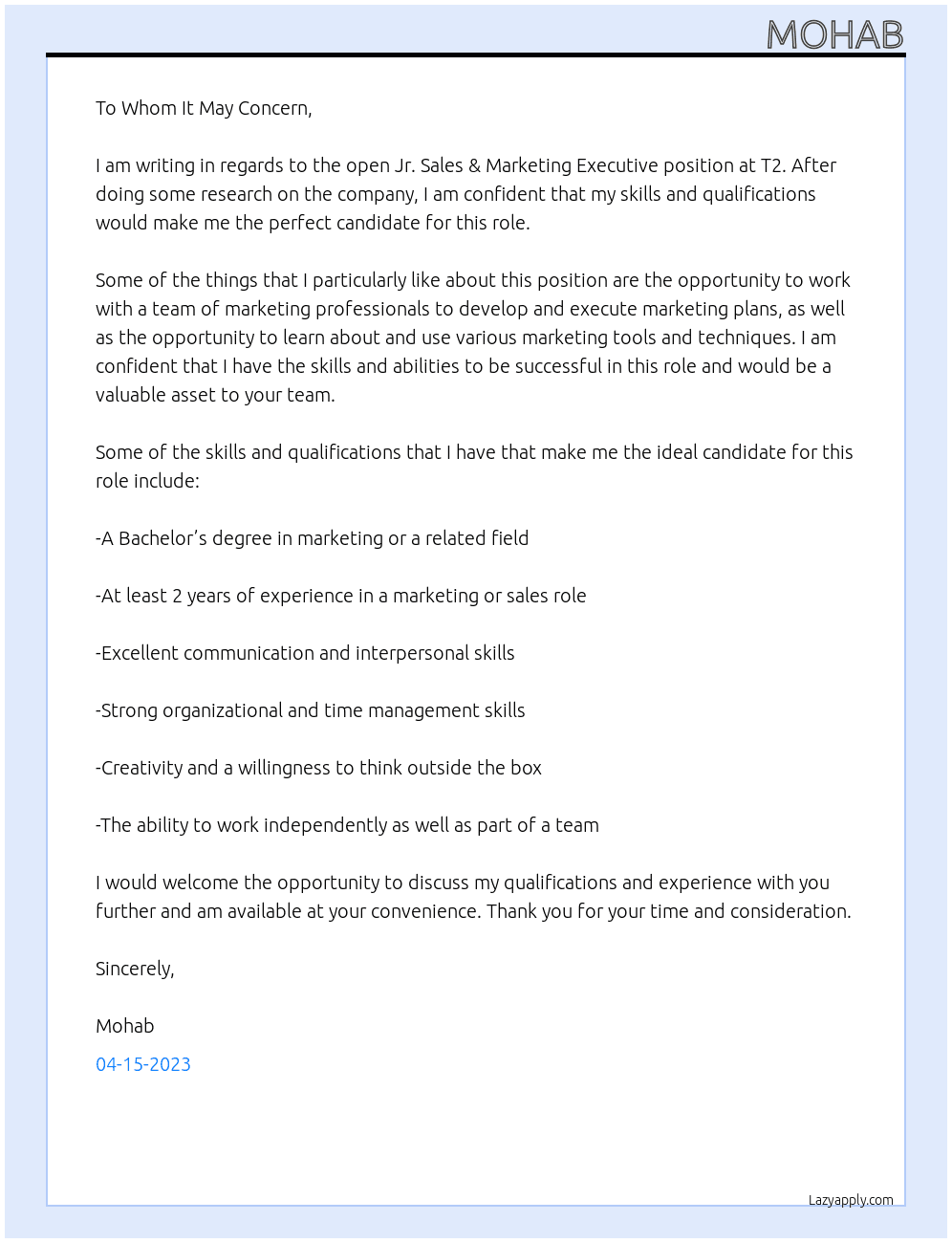 Jr.sales & marketing executive  At T2 Cover Letter