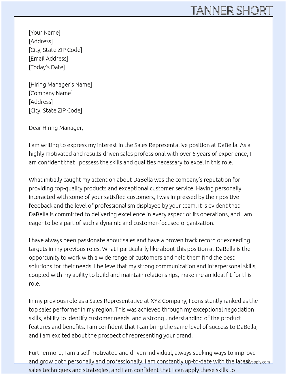 Sales Representative  At DaBella Cover Letter