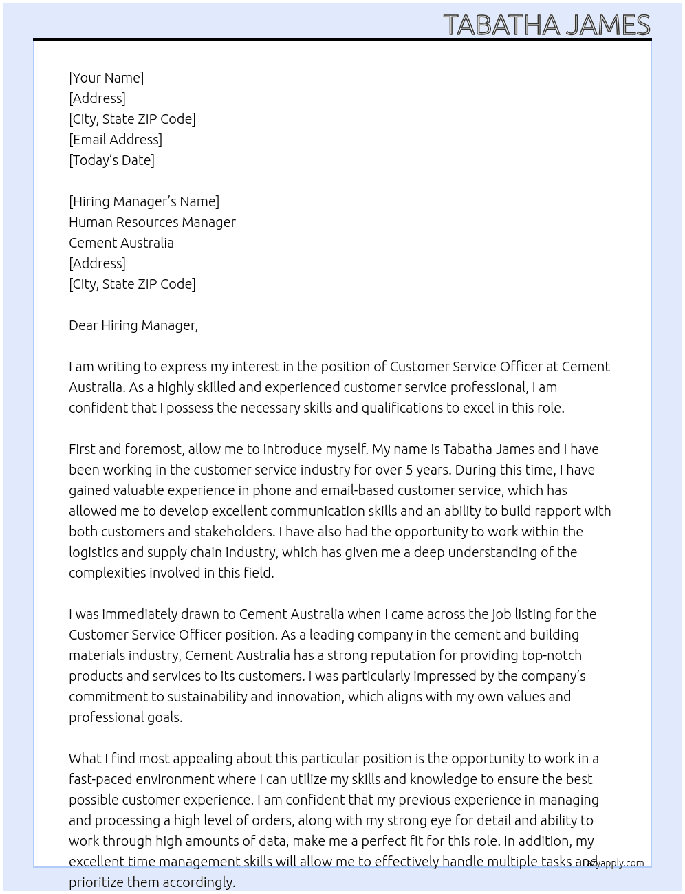 Customer Service Officer  At Cement Australia  Cover Letter