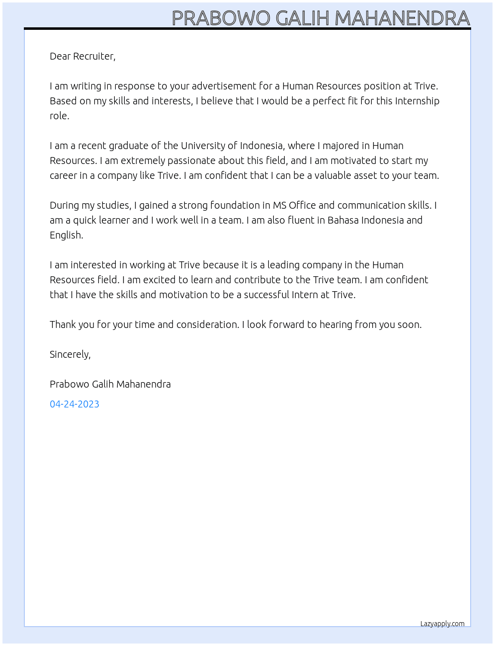 Human Resources At Trive Cover Letter