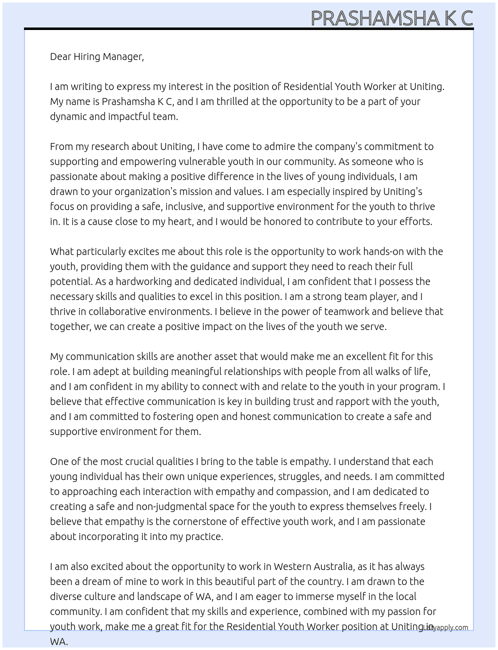 Residential Youth Worker At Uniting  Cover Letter