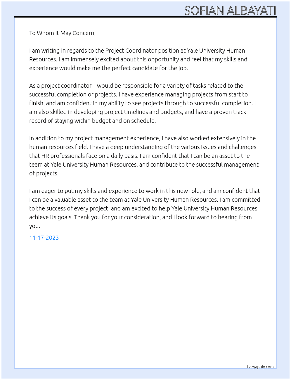 Project Coordinator At Yale Alumni Fund Cover Letter