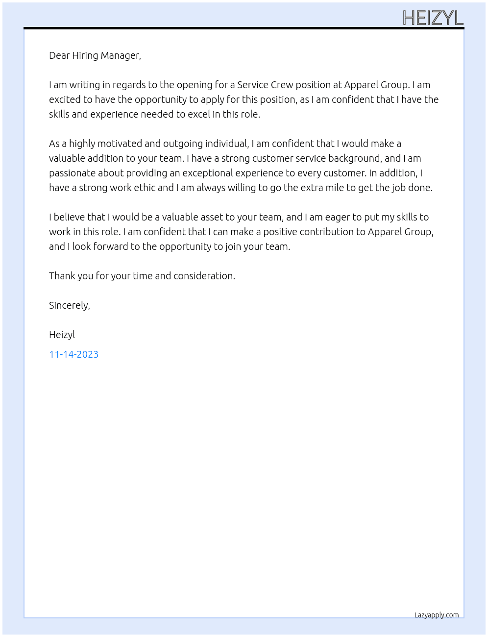 SERVICE CREW At APPAREL GROU Cover Letter