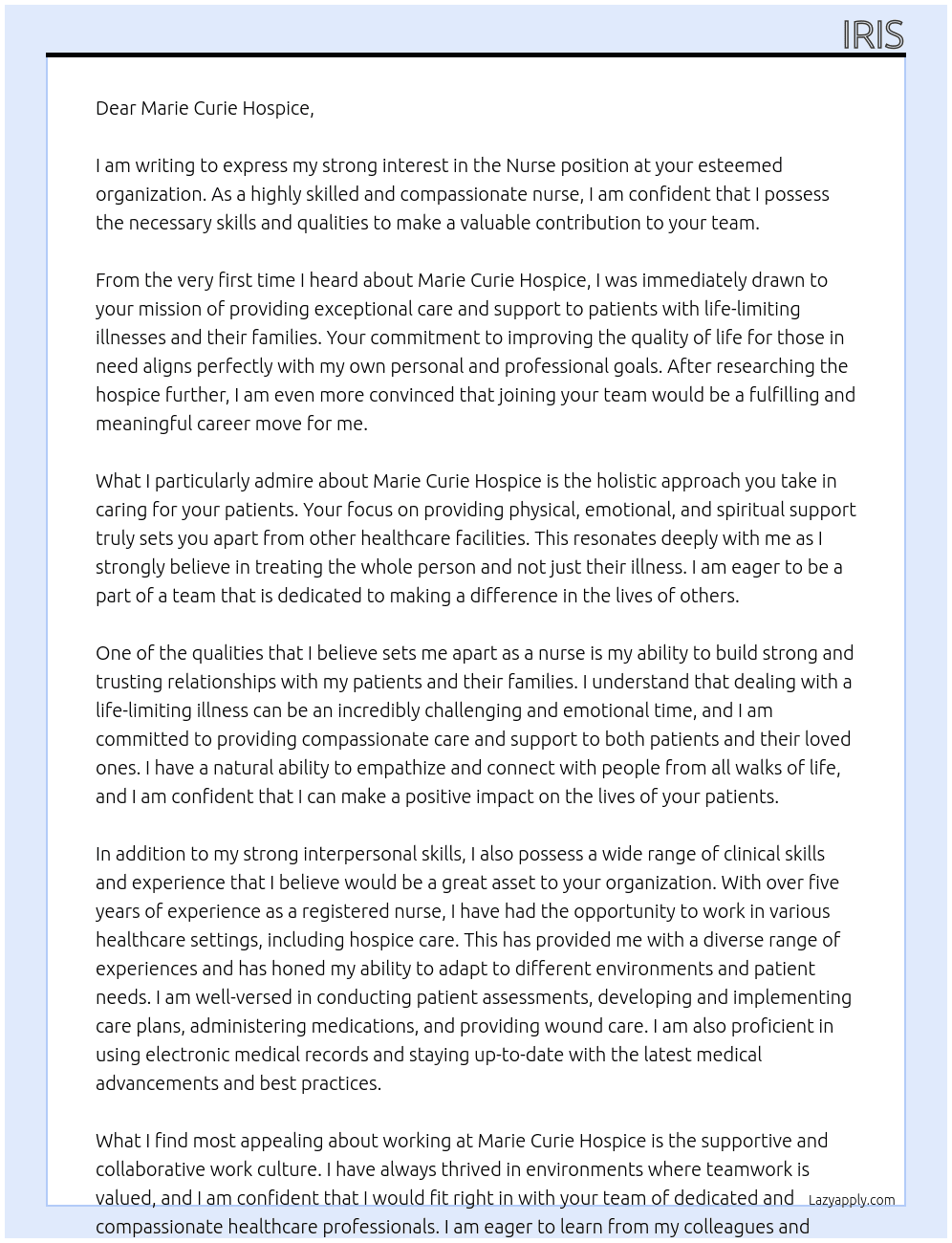 Nurse At Marie curie Cover Letter