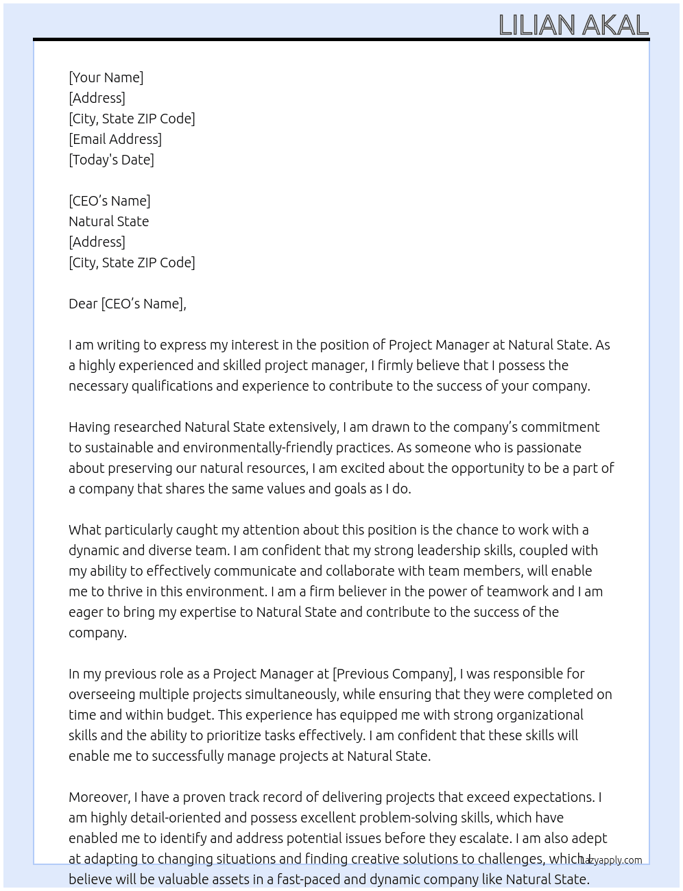 Project manager At Natural state Cover Letter