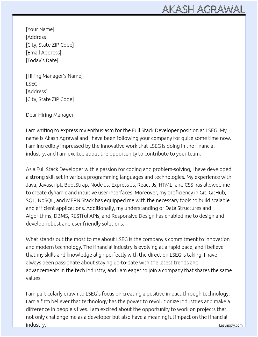 Full Stack Developer At LSEG Cover Letter