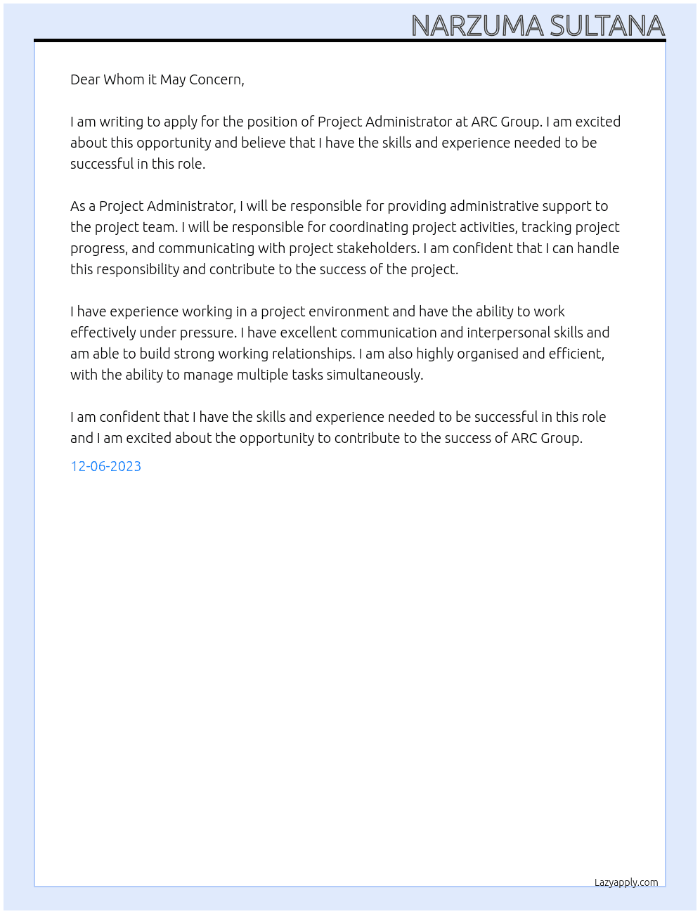 Project Administrator  At ARC Group Cover Letter
