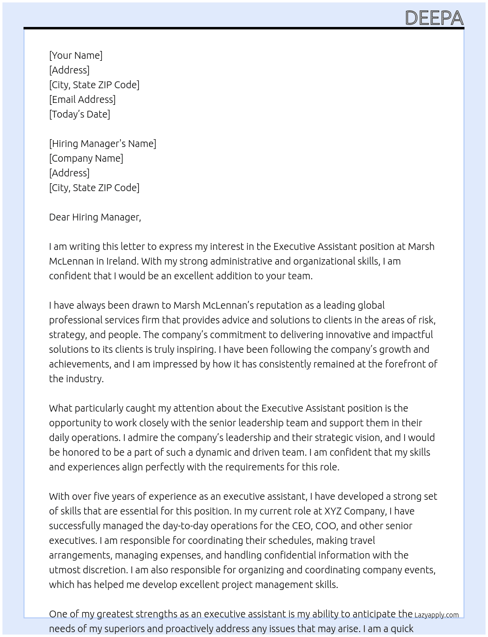 Executive Assistant At Marsh McLennan, Ireland Cover Letter