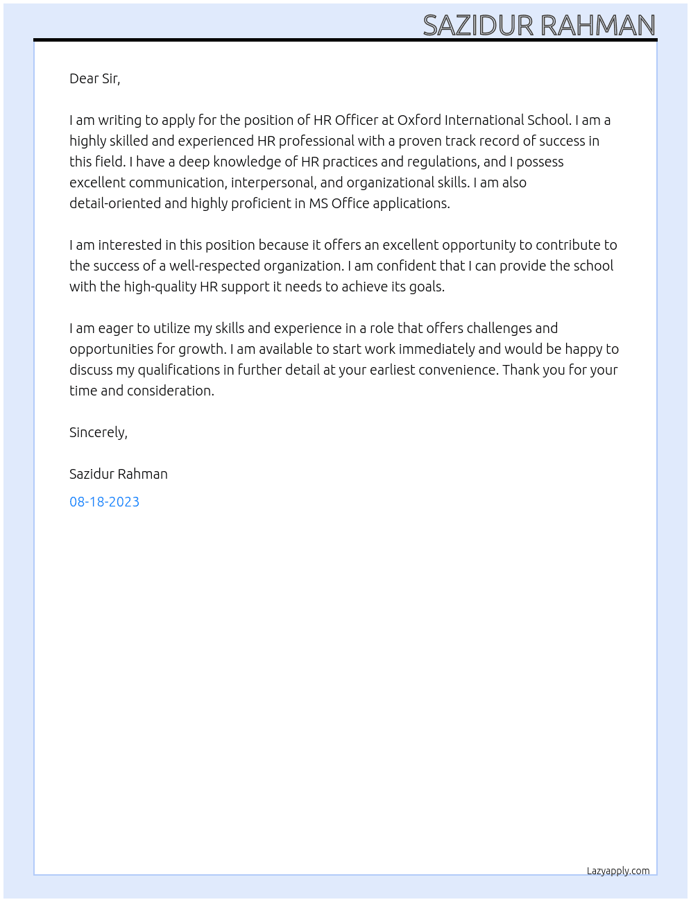 HR Officer At Oxford International School Cover Letter