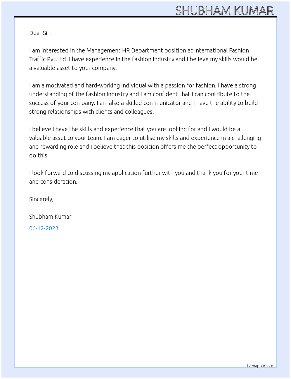 Management HR Department At International Fashion Traffic Pvt.Ltd. Cover Letter