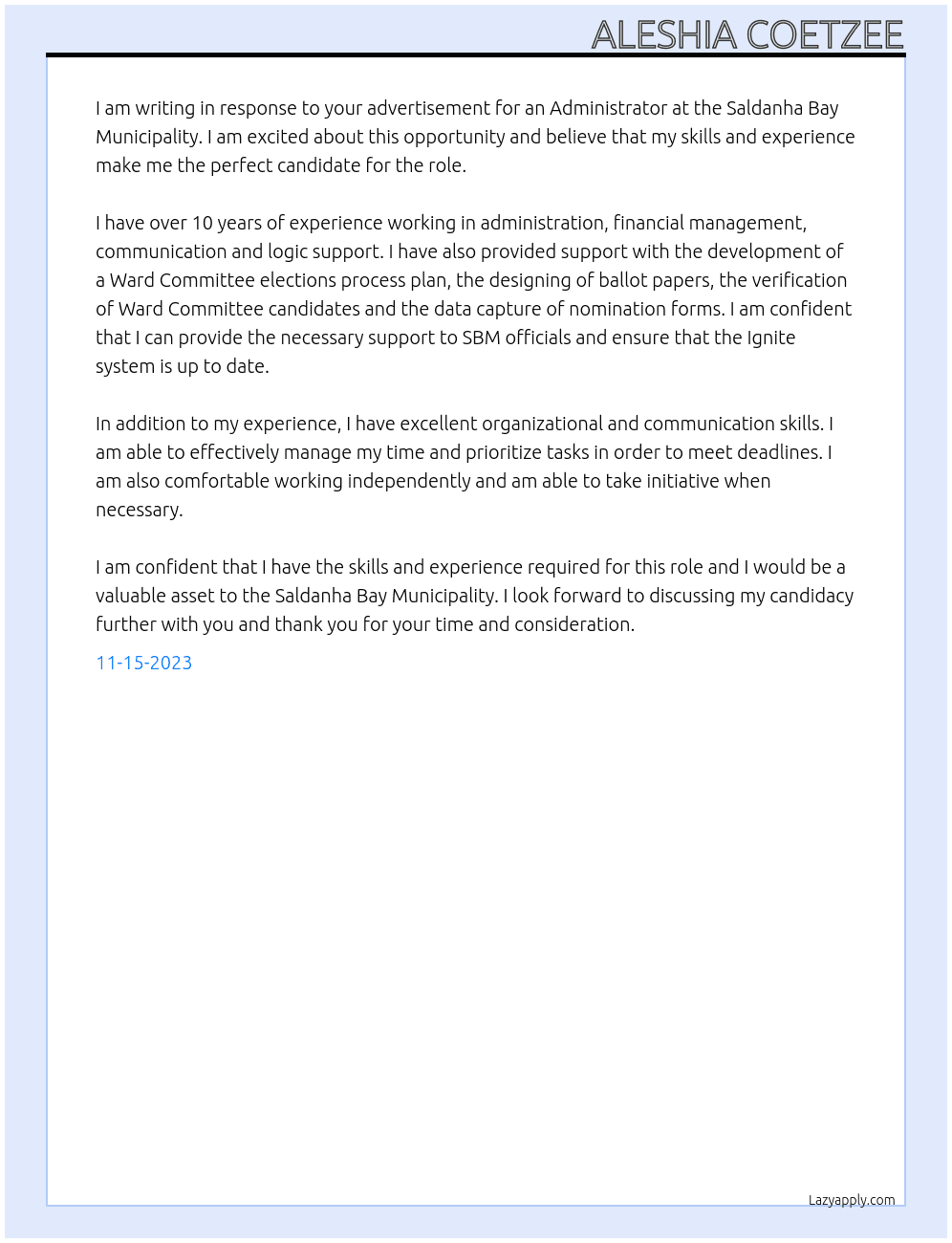 ADMINISTRATOR At saldanha bay muncipality Cover Letter