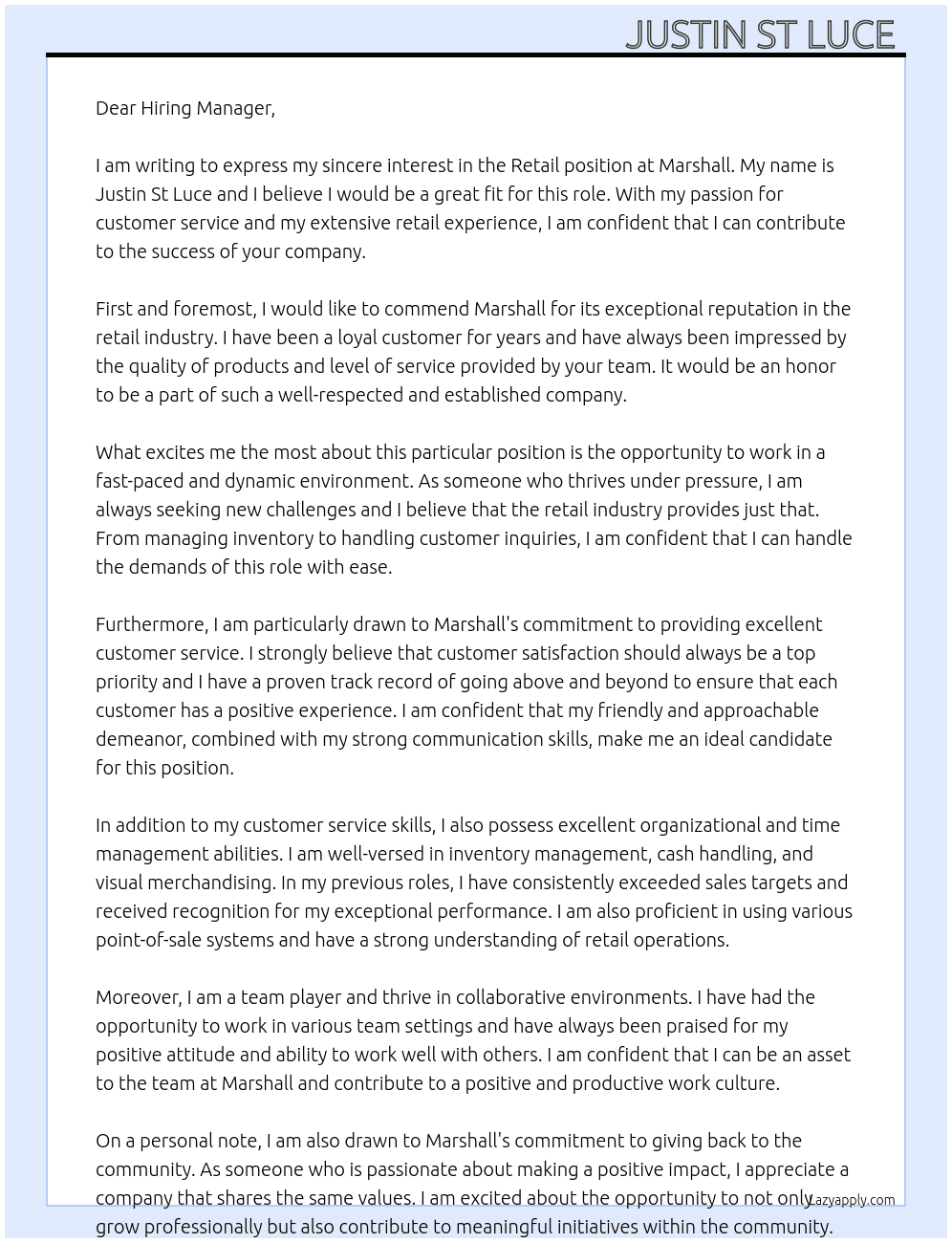 Retail  At Marshall  Cover Letter