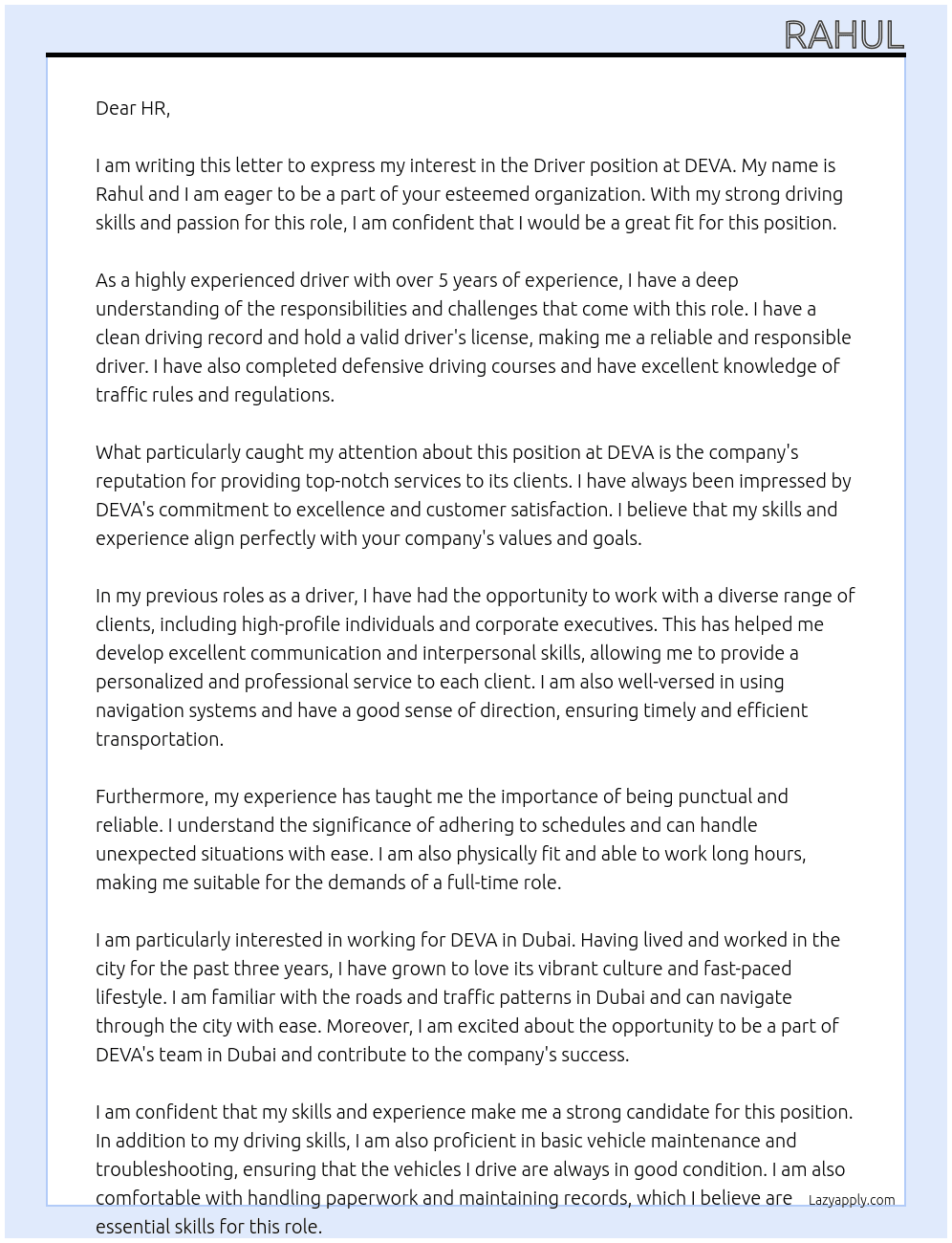Driver At DEVA Cover Letter