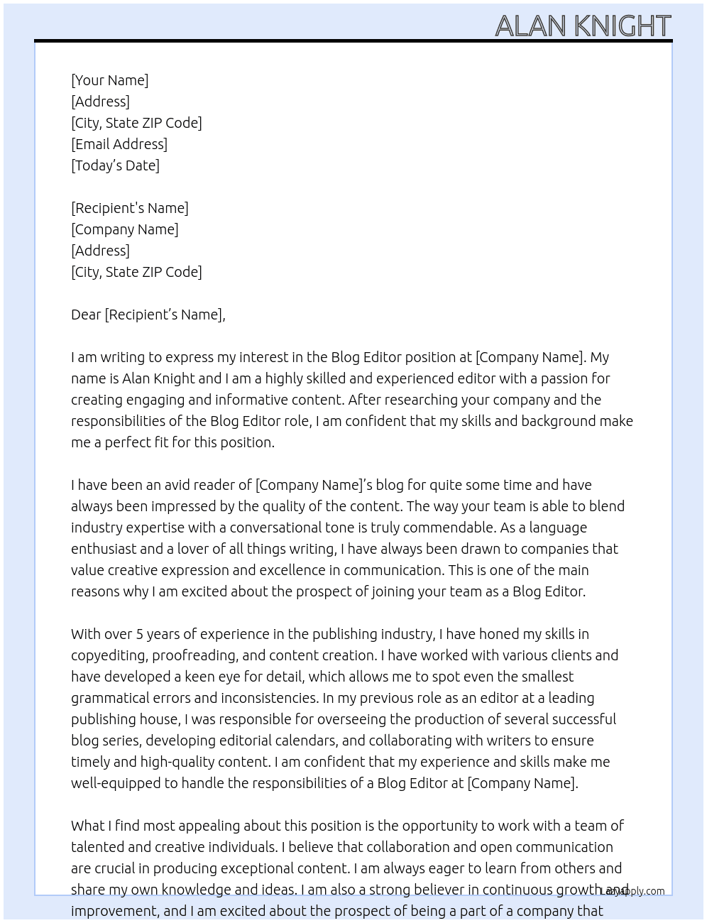 Cover letter for blog editor - LazyApply