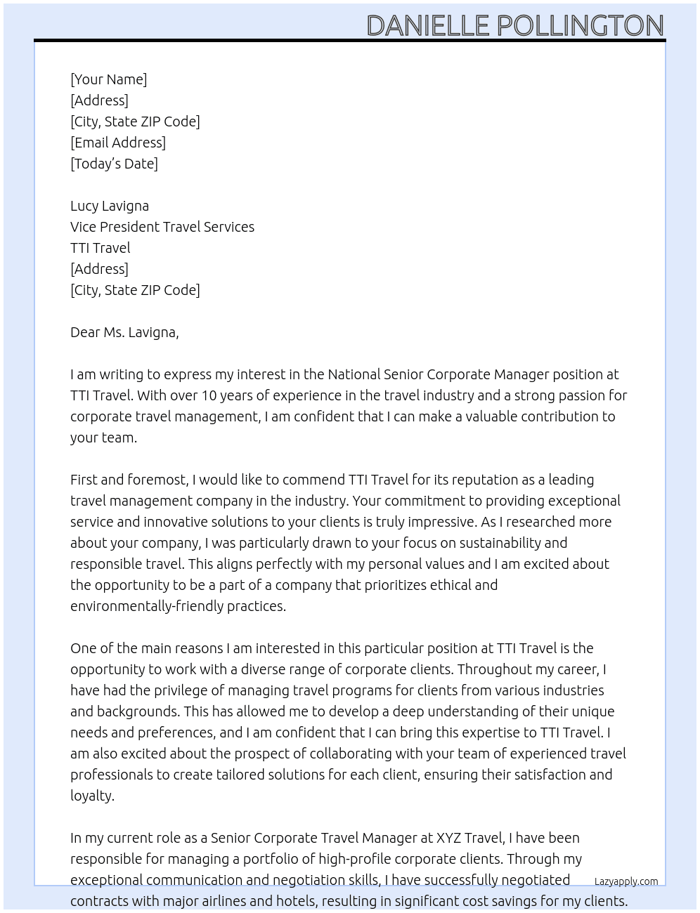 National Senior Corporate Manager At TTI Travel Cover Letter