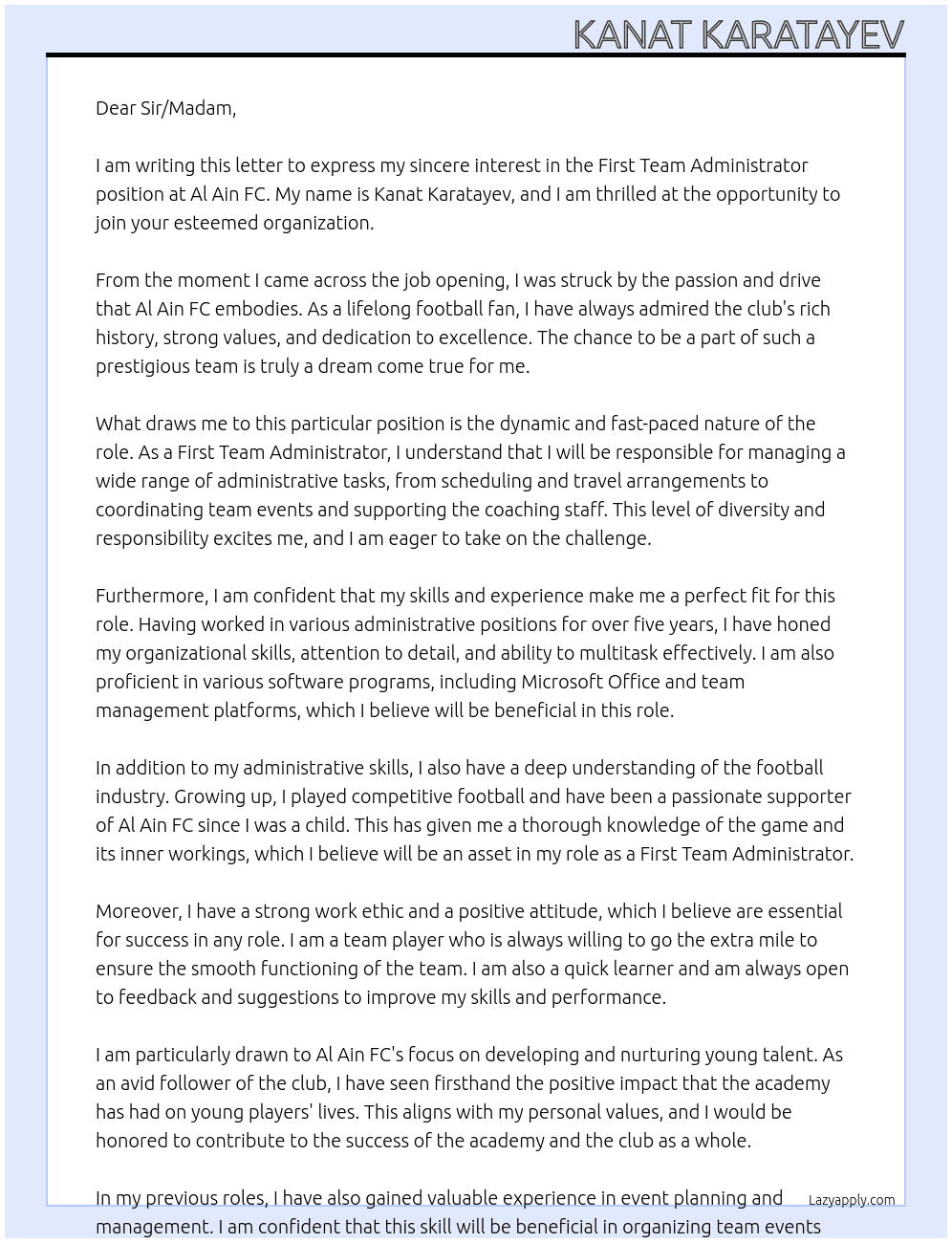 first team administrator At Al Ain FC Cover Letter