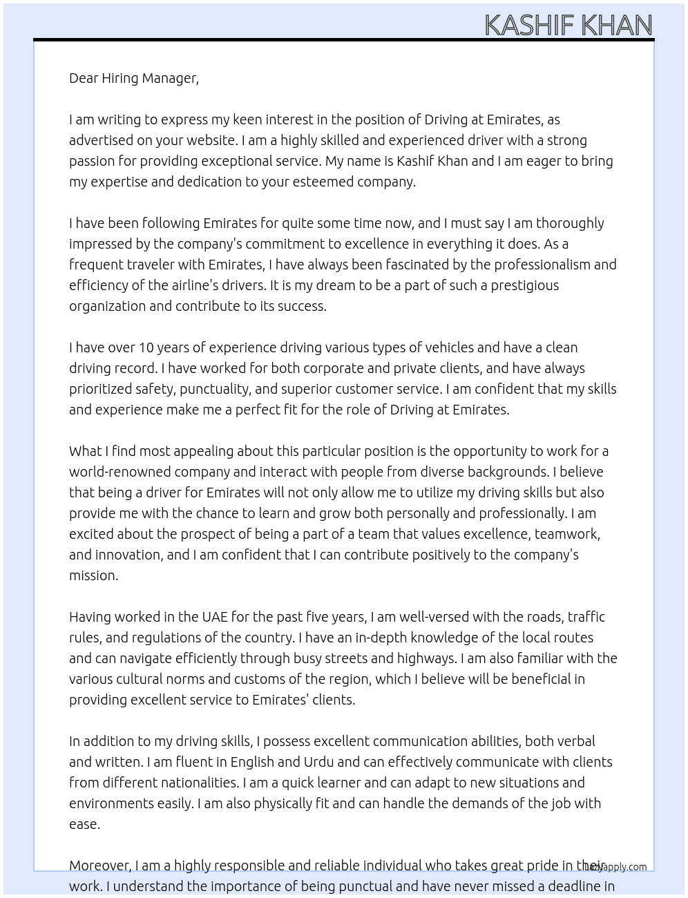 driving  At emirates  Cover Letter