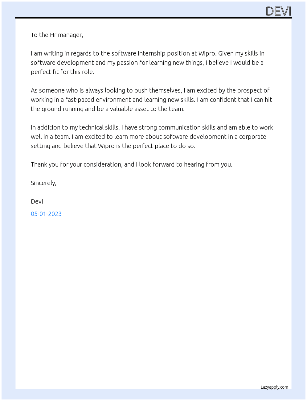 Software internship  At Wipro Cover Letter