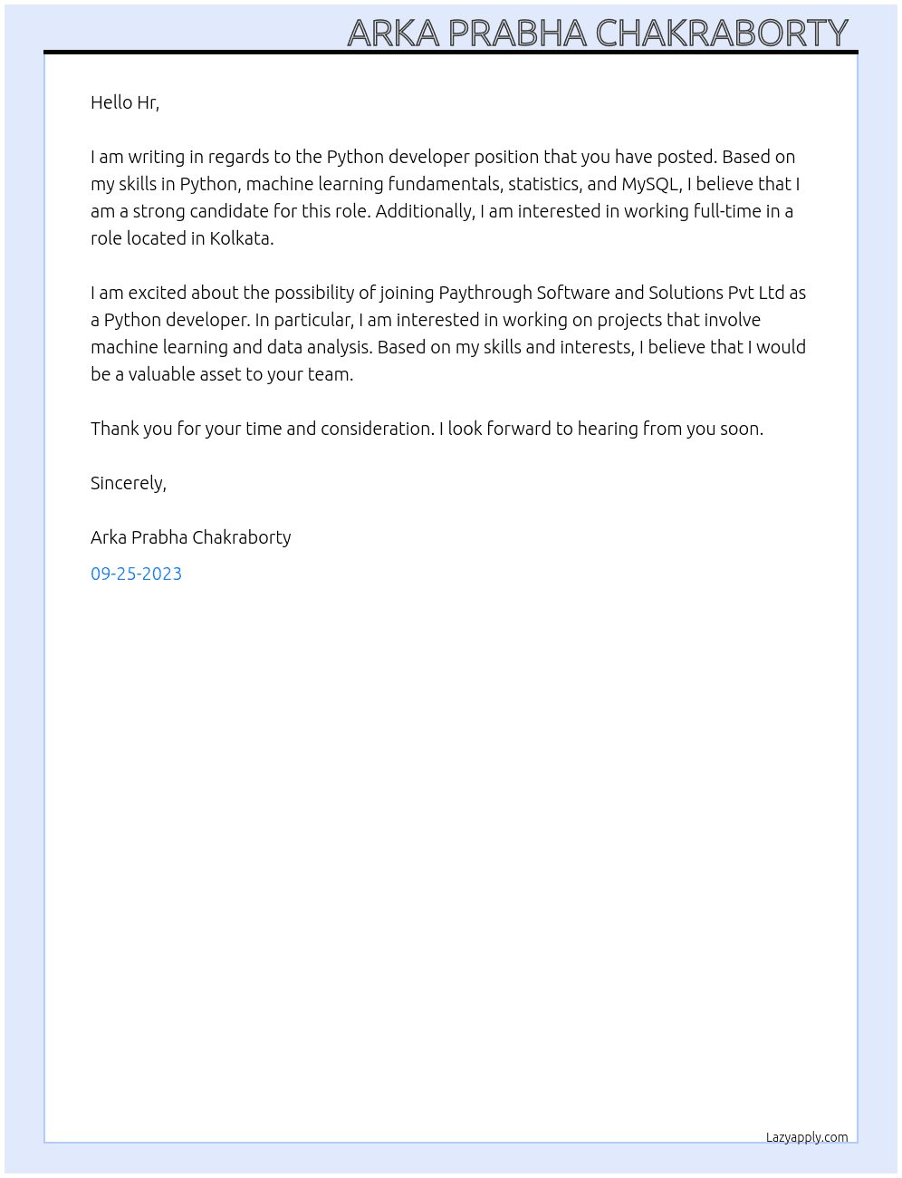 Python developer  At Paythrough Software and solutions pvt Ltd  Cover Letter