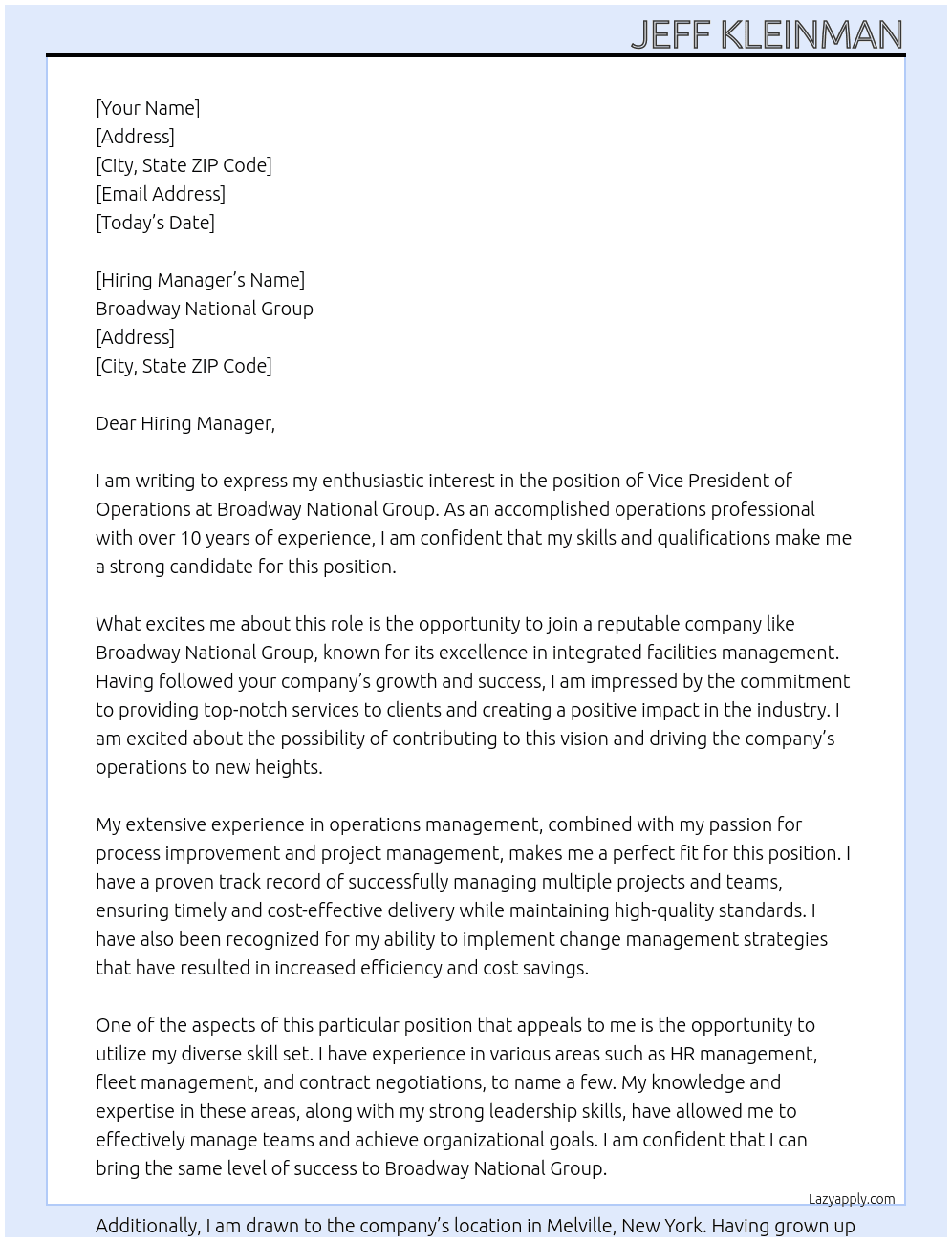 Vice President of Operations At Broadway National Group Cover Letter