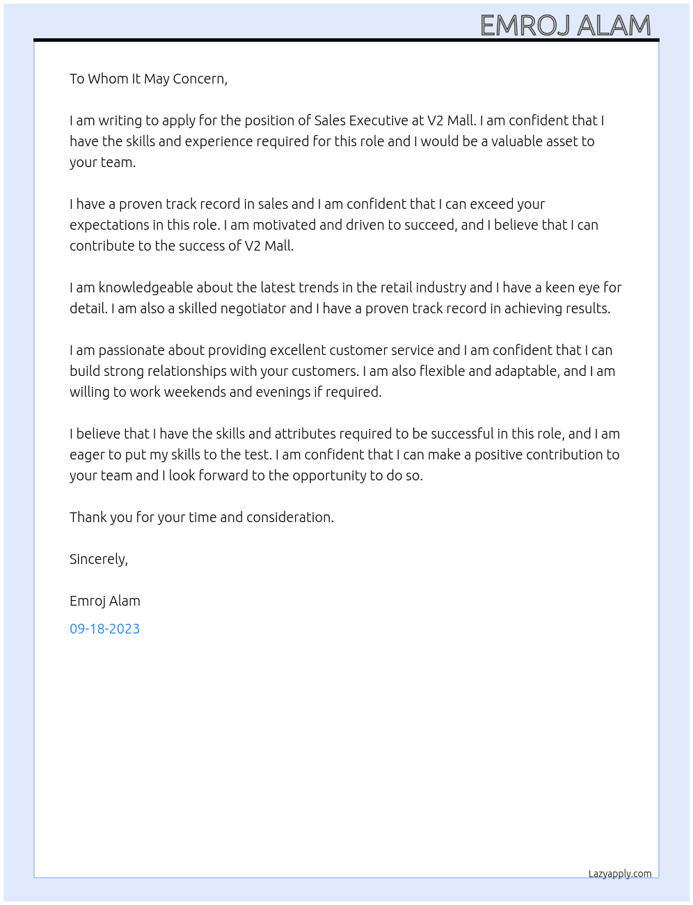 Sale Executive  At V2 Mall Cover Letter