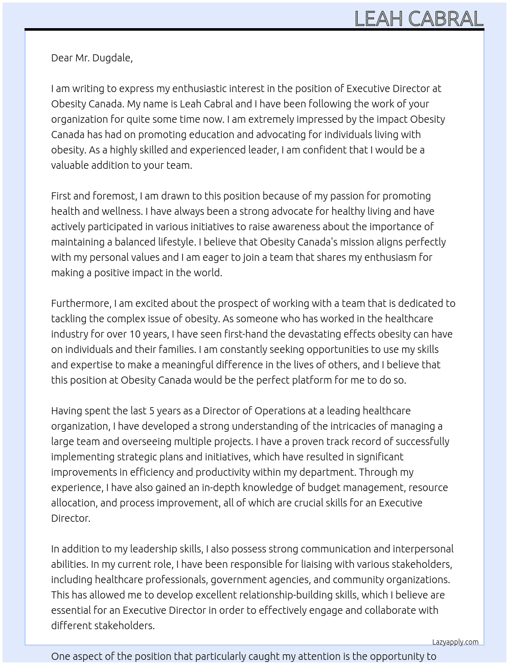 Executive Director At Obesity Canada Cover Letter