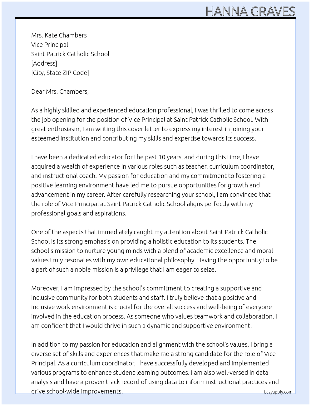 Vice Principal At Saint Patrick Catholic School  Cover Letter
