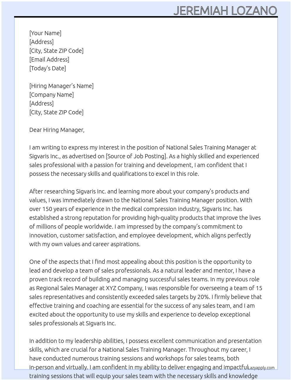 National Sales Training Manager At Sigvaris Inc Cover Letter