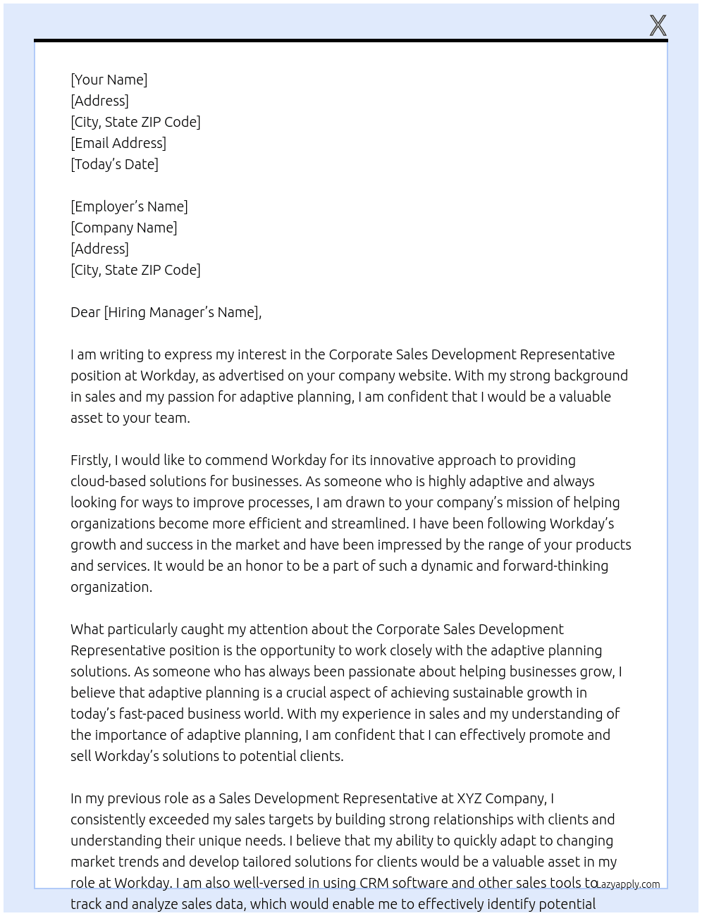 Corporate Sales Development Representative Adaptive Planning At Workday Cover Letter