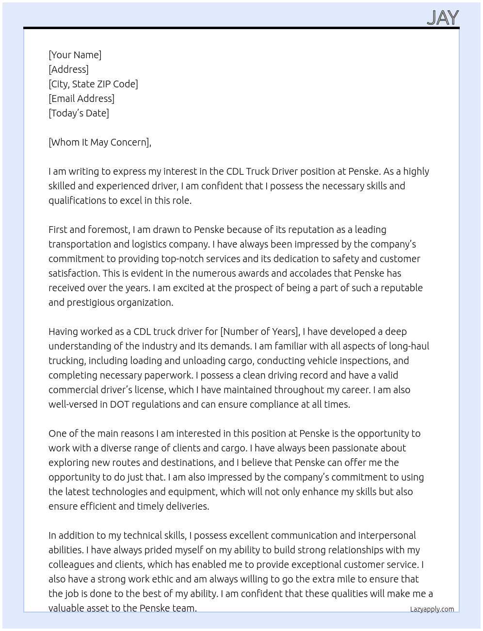 CDL Truck Driver At Penske Cover Letter