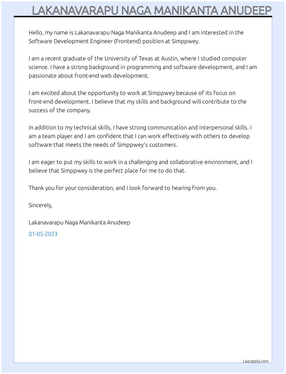 Software Development Engineer (Frontend) At simppwey Cover Letter