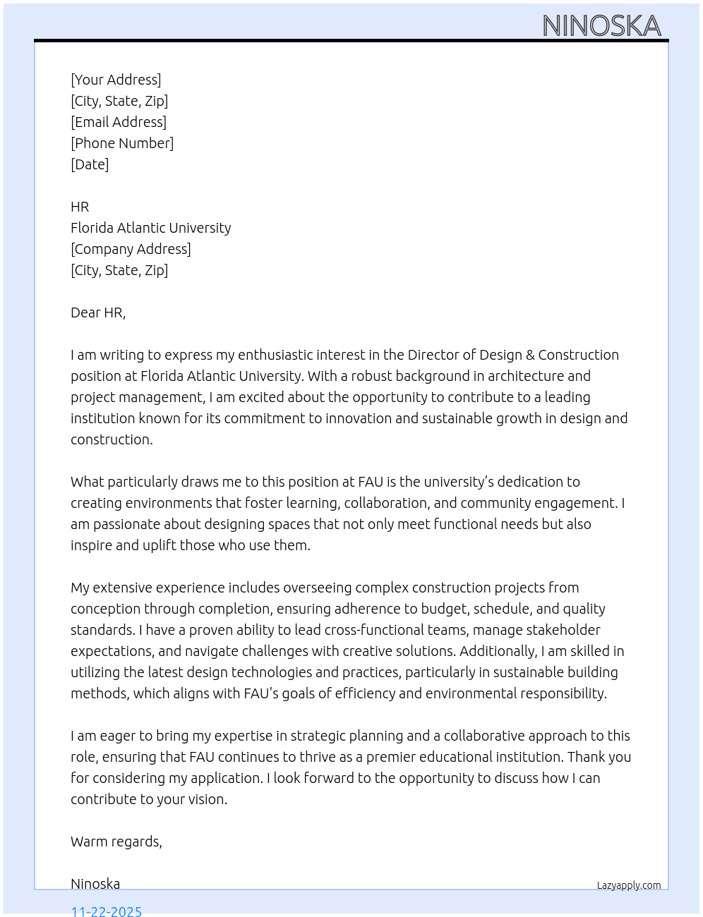 Director of Design & Construction  At Florida Atlantic University Cover Letter