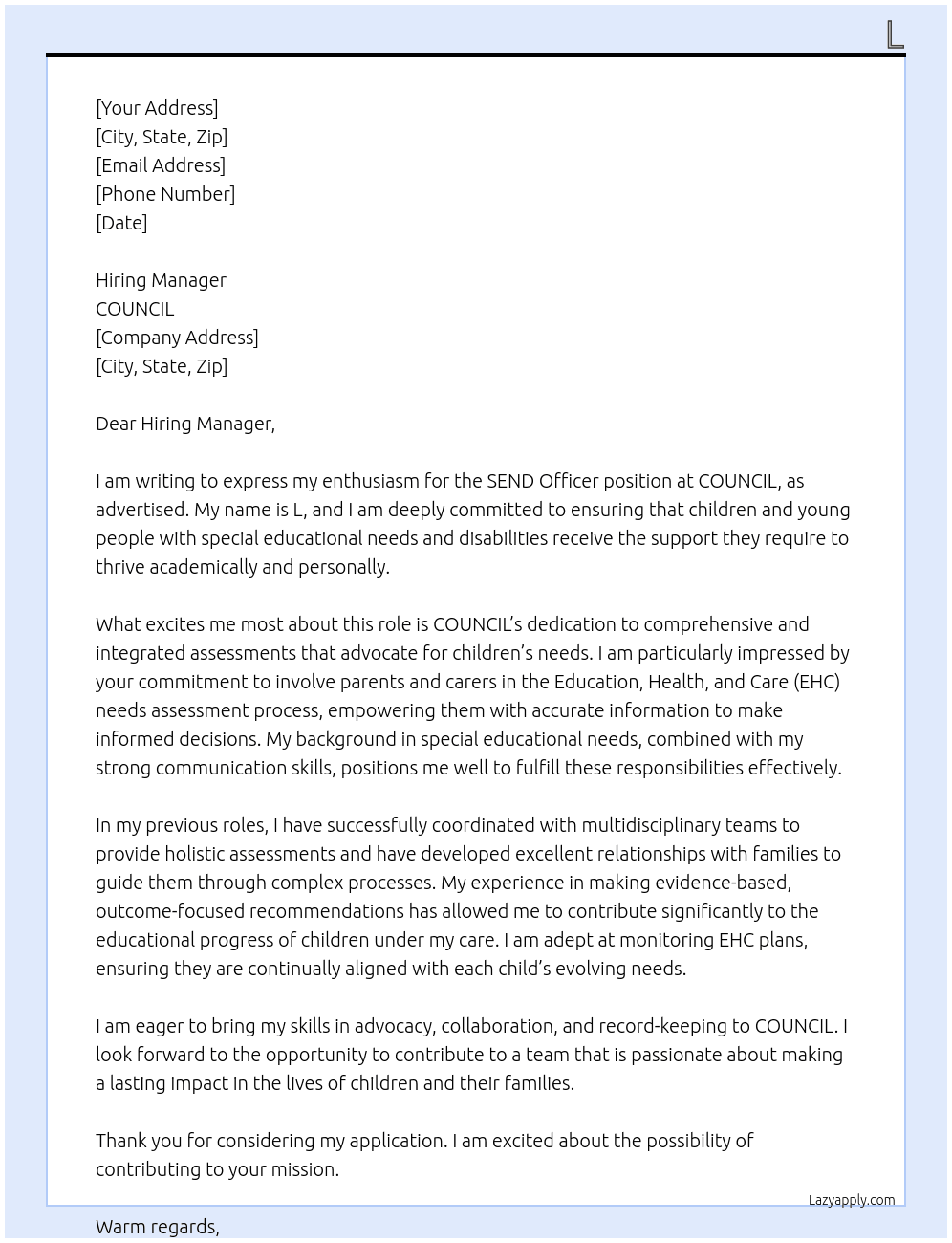 SEND OFFICER At COUNCIL Cover Letter
